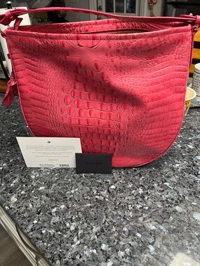 Brahmin Pink Croc-Embossed Leather Shoulder Bag